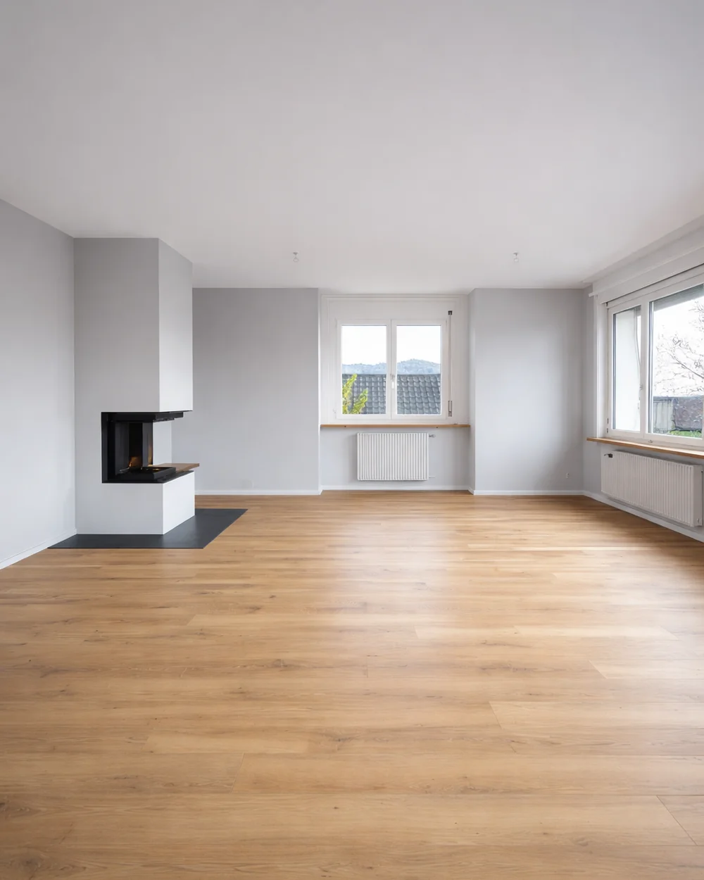 Séjour repeint par Renova Swiss, cheminée et parquet large