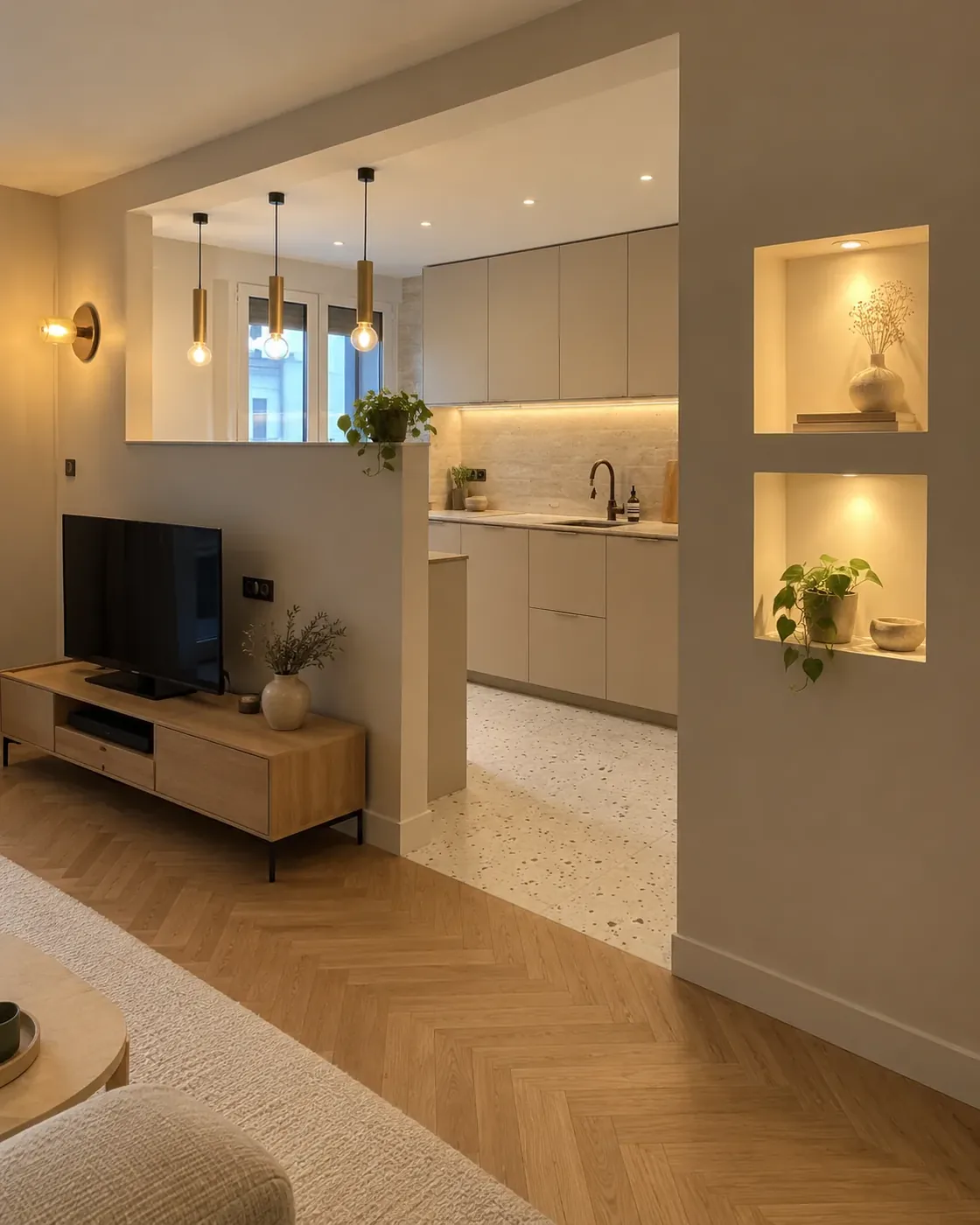 Séjour d'appartement ouvert sur la cuisine, niches éclairées
